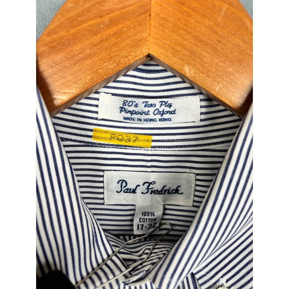 Paul Fredrick Mens 17-32 Blue White Striped Pinpoint Oxford Button Down Shirt